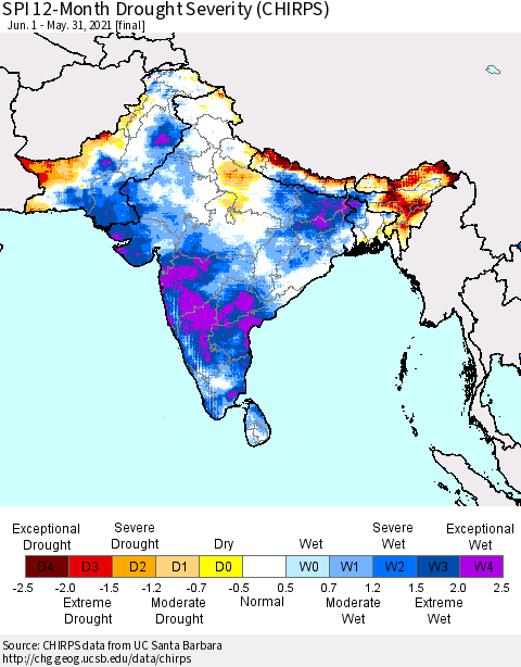 Southern Asia SPI 12-Month Drought Severity (CHIRPS) Thematic Map For 6/1/2020 - 5/31/2021
