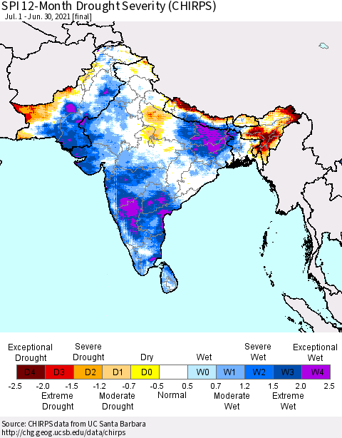 Southern Asia SPI 12-Month Drought Severity (CHIRPS) Thematic Map For 7/1/2020 - 6/30/2021