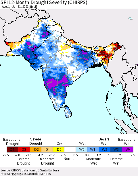 Southern Asia SPI 12-Month Drought Severity (CHIRPS) Thematic Map For 8/1/2020 - 7/31/2021