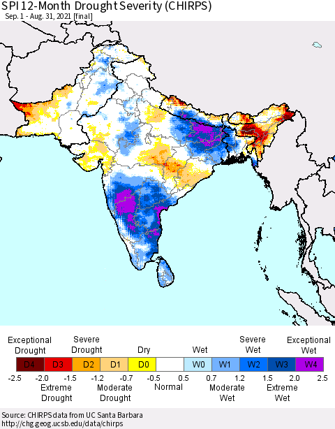 Southern Asia SPI 12-Month Drought Severity (CHIRPS) Thematic Map For 9/1/2020 - 8/31/2021