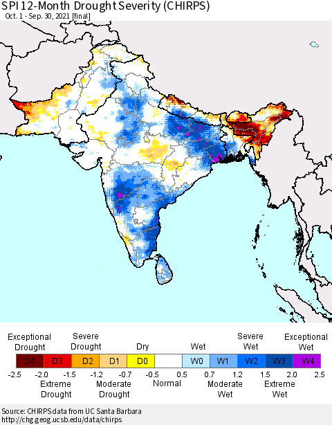 Southern Asia SPI 12-Month Drought Severity (CHIRPS) Thematic Map For 10/1/2020 - 9/30/2021