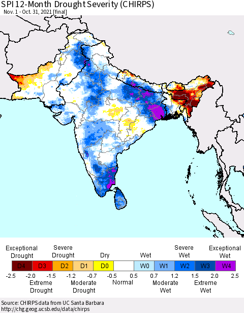 Southern Asia SPI 12-Month Drought Severity (CHIRPS) Thematic Map For 11/1/2020 - 10/31/2021