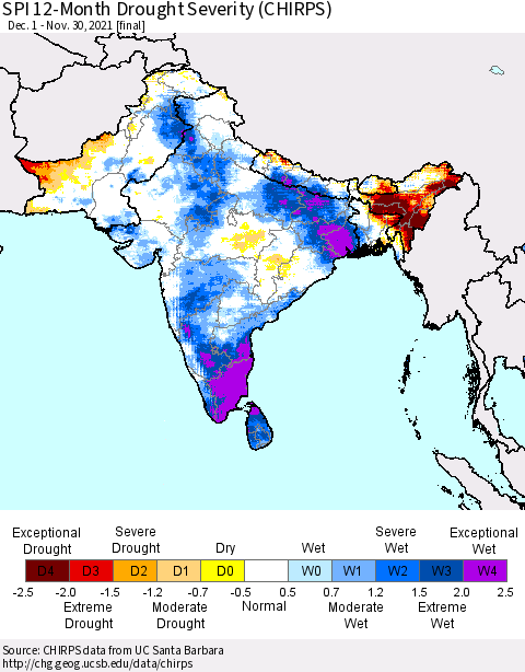 Southern Asia SPI 12-Month Drought Severity (CHIRPS) Thematic Map For 12/1/2020 - 11/30/2021