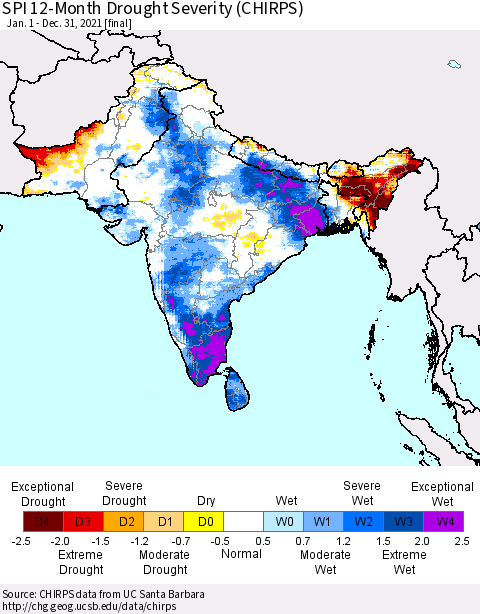 Southern Asia SPI 12-Month Drought Severity (CHIRPS) Thematic Map For 1/1/2021 - 12/31/2021