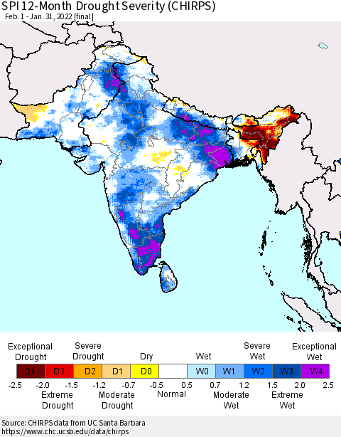 Southern Asia SPI 12-Month Drought Severity (CHIRPS) Thematic Map For 2/1/2021 - 1/31/2022