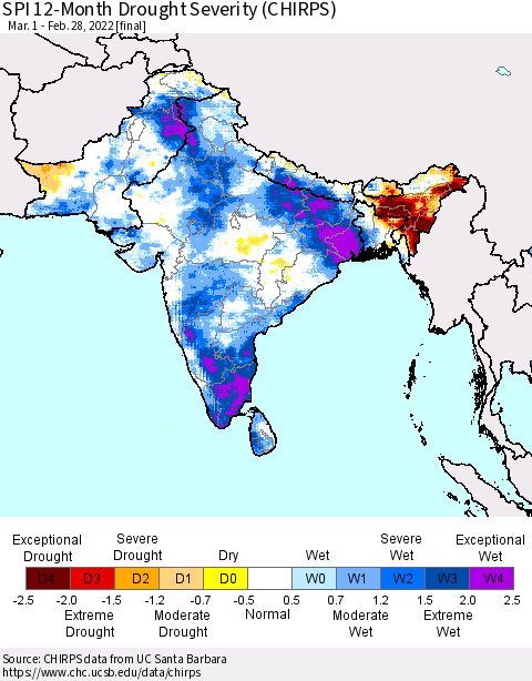 Southern Asia SPI 12-Month Drought Severity (CHIRPS) Thematic Map For 3/1/2021 - 2/28/2022
