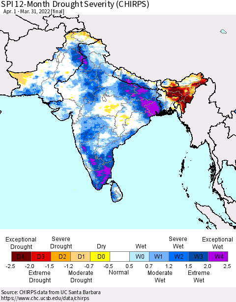 Southern Asia SPI 12-Month Drought Severity (CHIRPS) Thematic Map For 4/1/2021 - 3/31/2022