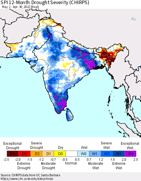 Southern Asia SPI 12-Month Drought Severity (CHIRPS) Thematic Map For 5/1/2021 - 4/30/2022