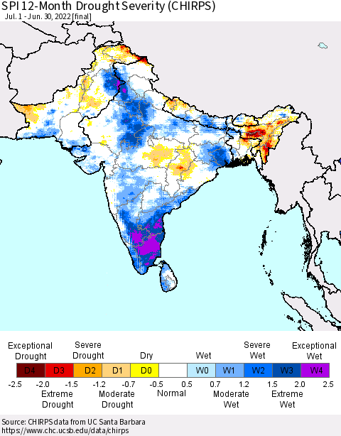 Southern Asia SPI 12-Month Drought Severity (CHIRPS) Thematic Map For 7/1/2021 - 6/30/2022