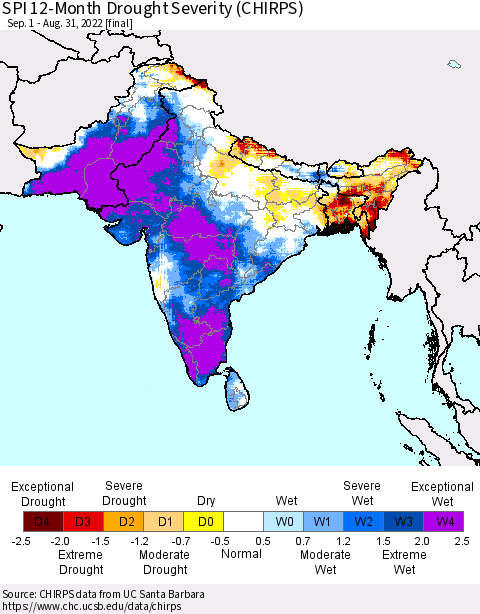 Southern Asia SPI 12-Month Drought Severity (CHIRPS) Thematic Map For 9/1/2021 - 8/31/2022