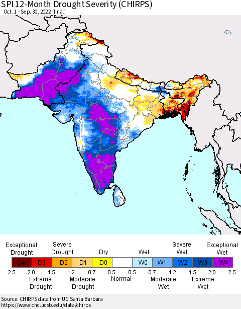 Southern Asia SPI 12-Month Drought Severity (CHIRPS) Thematic Map For 10/1/2021 - 9/30/2022
