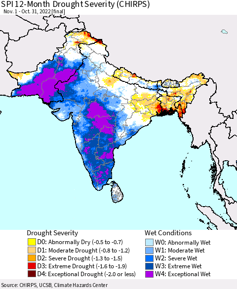 Southern Asia SPI 12-Month Drought Severity (CHIRPS) Thematic Map For 11/1/2021 - 10/31/2022