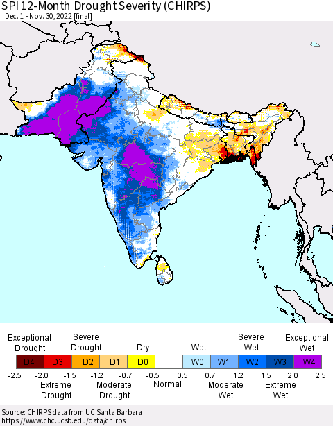Southern Asia SPI 12-Month Drought Severity (CHIRPS) Thematic Map For 12/1/2021 - 11/30/2022