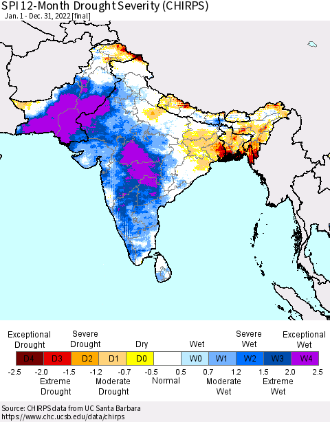 Southern Asia SPI 12-Month Drought Severity (CHIRPS) Thematic Map For 1/1/2022 - 12/31/2022