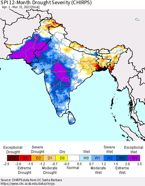 Southern Asia SPI 12-Month Drought Severity (CHIRPS) Thematic Map For 4/1/2022 - 3/31/2023