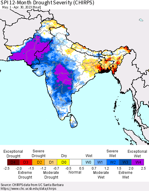 Southern Asia SPI 12-Month Drought Severity (CHIRPS) Thematic Map For 5/1/2022 - 4/30/2023