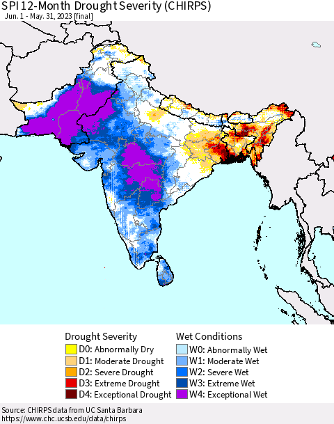 Southern Asia SPI 12-Month Drought Severity (CHIRPS) Thematic Map For 6/1/2022 - 5/31/2023