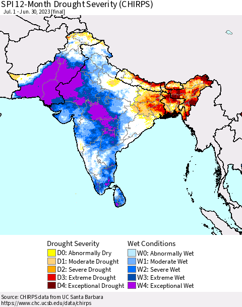 Southern Asia SPI 12-Month Drought Severity (CHIRPS) Thematic Map For 7/1/2022 - 6/30/2023