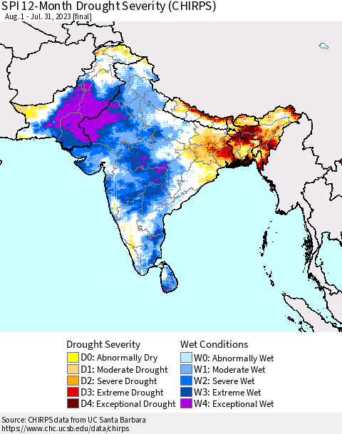 Southern Asia SPI 12-Month Drought Severity (CHIRPS) Thematic Map For 8/1/2022 - 7/31/2023