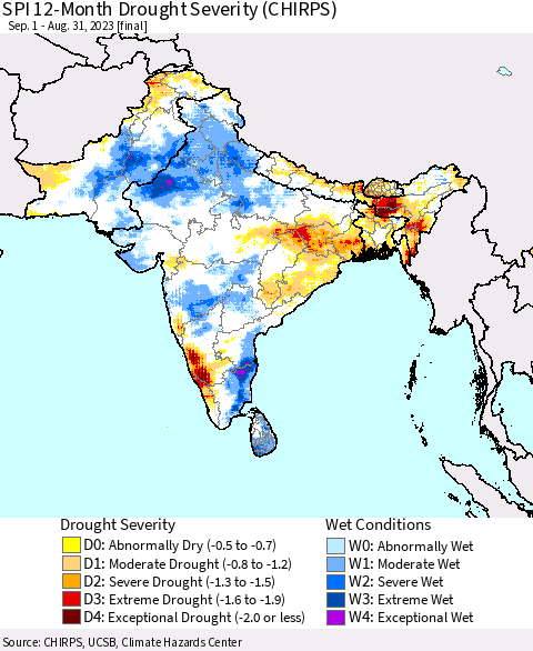 Southern Asia SPI 12-Month Drought Severity (CHIRPS) Thematic Map For 9/1/2022 - 8/31/2023
