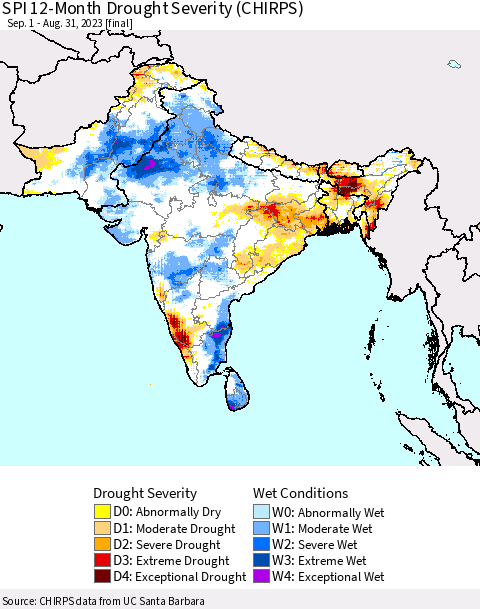 Southern Asia SPI 12-Month Drought Severity (CHIRPS) Thematic Map For 9/1/2022 - 8/31/2023