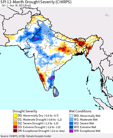 Southern Asia SPI 12-Month Drought Severity (CHIRPS) Thematic Map For 10/1/2022 - 9/30/2023