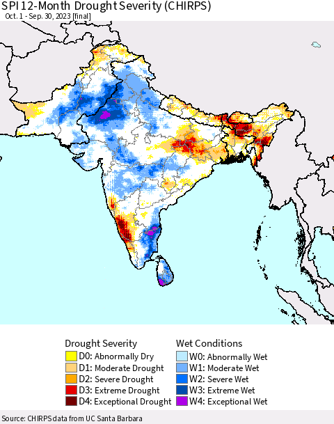 Southern Asia SPI 12-Month Drought Severity (CHIRPS) Thematic Map For 10/1/2022 - 9/30/2023