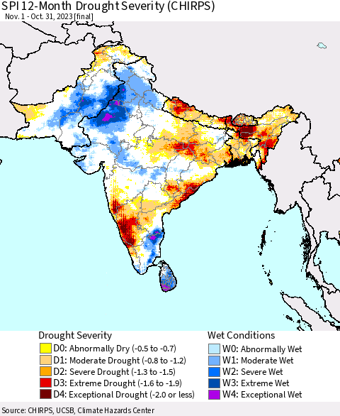 Southern Asia SPI 12-Month Drought Severity (CHIRPS) Thematic Map For 11/1/2022 - 10/31/2023