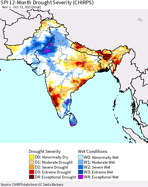 Southern Asia SPI 12-Month Drought Severity (CHIRPS) Thematic Map For 11/1/2022 - 10/31/2023