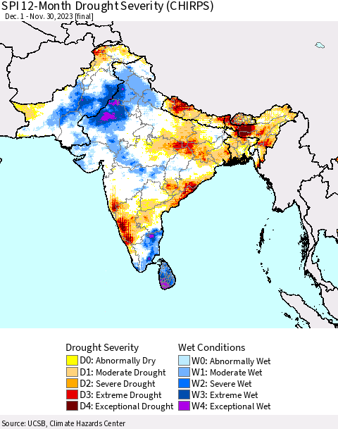 Southern Asia SPI 12-Month Drought Severity (CHIRPS) Thematic Map For 12/1/2022 - 11/30/2023