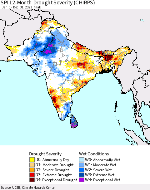 Southern Asia SPI 12-Month Drought Severity (CHIRPS) Thematic Map For 1/1/2023 - 12/31/2023
