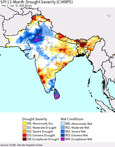 Southern Asia SPI 12-Month Drought Severity (CHIRPS) Thematic Map For 2/1/2023 - 1/31/2024