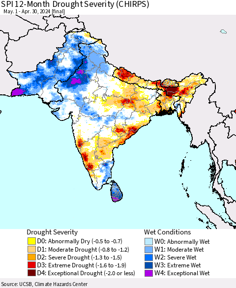 Southern Asia SPI 12-Month Drought Severity (CHIRPS) Thematic Map For 5/1/2023 - 4/30/2024