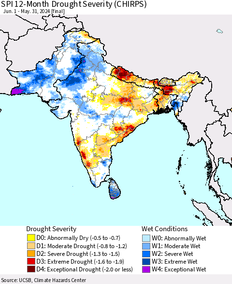 Southern Asia SPI 12-Month Drought Severity (CHIRPS) Thematic Map For 6/1/2023 - 5/31/2024