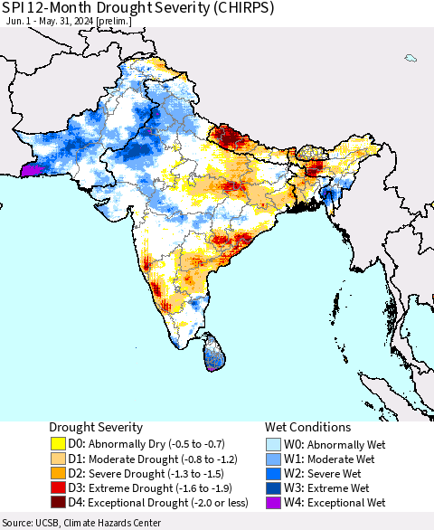 Southern Asia SPI 12-Month Drought Severity (CHIRPS) Thematic Map For 6/1/2023 - 5/31/2024