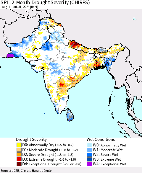 Southern Asia SPI 12-Month Drought Severity (CHIRPS) Thematic Map For 8/1/2023 - 7/31/2024