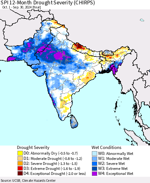 Southern Asia SPI 12-Month Drought Severity (CHIRPS) Thematic Map For 10/1/2023 - 9/30/2024