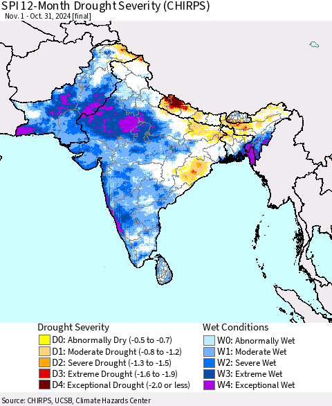 Southern Asia SPI 12-Month Drought Severity (CHIRPS) Thematic Map For 11/1/2023 - 10/31/2024