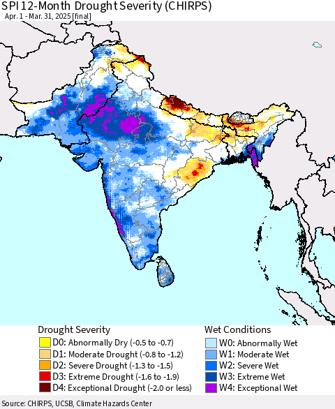 Southern Asia SPI 12-Month Drought Severity (CHIRPS) Thematic Map For 4/1/2024 - 3/31/2025