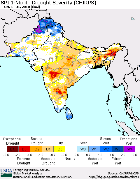 Southern Asia SPI 1-Month Drought Severity (CHIRPS) Thematic Map For 10/1/2018 - 10/31/2018