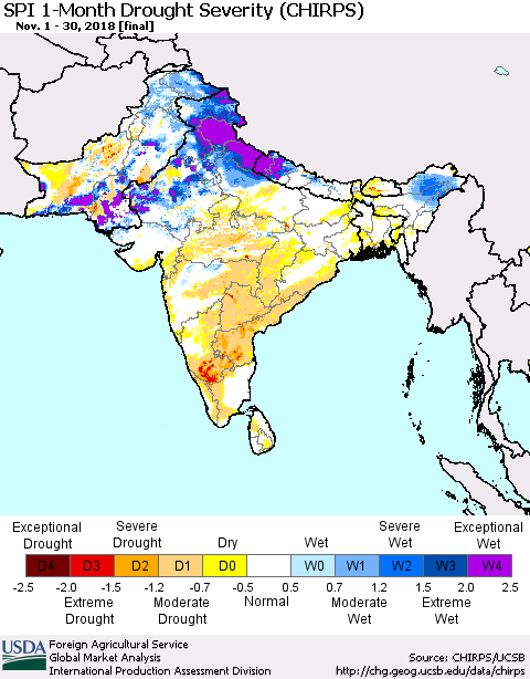 Southern Asia SPI 1-Month Drought Severity (CHIRPS) Thematic Map For 11/1/2018 - 11/30/2018