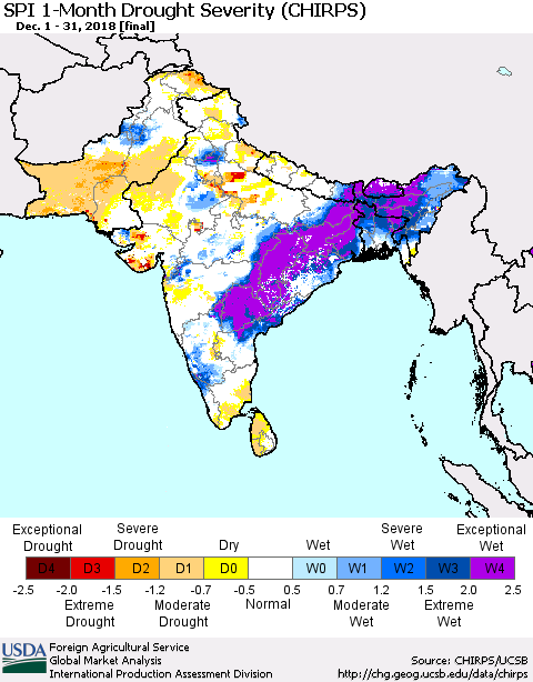 Southern Asia SPI 1-Month Drought Severity (CHIRPS) Thematic Map For 12/1/2018 - 12/31/2018