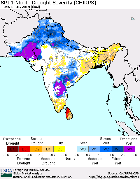 Southern Asia SPI 1-Month Drought Severity (CHIRPS) Thematic Map For 1/1/2019 - 1/31/2019
