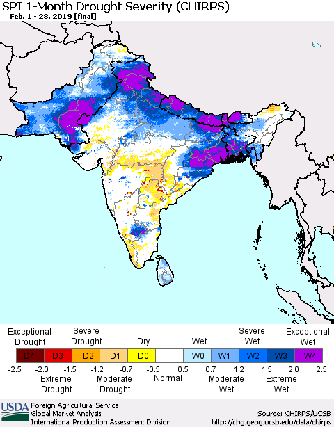 Southern Asia SPI 1-Month Drought Severity (CHIRPS) Thematic Map For 2/1/2019 - 2/28/2019