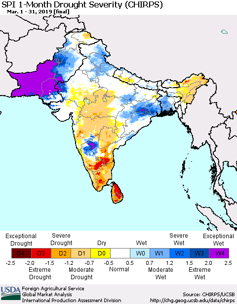 Southern Asia SPI 1-Month Drought Severity (CHIRPS) Thematic Map For 3/1/2019 - 3/31/2019