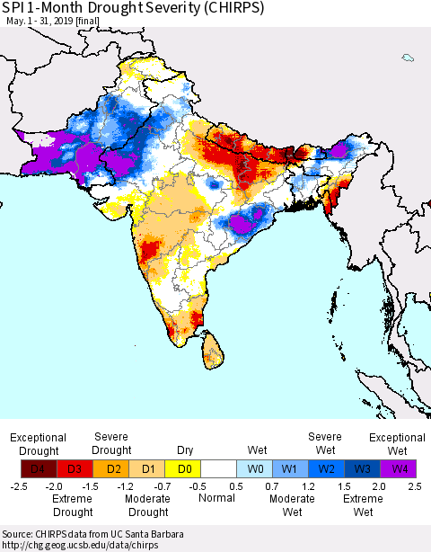 Southern Asia SPI 1-Month Drought Severity (CHIRPS) Thematic Map For 5/1/2019 - 5/31/2019