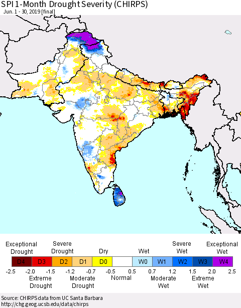 Southern Asia SPI 1-Month Drought Severity (CHIRPS) Thematic Map For 6/1/2019 - 6/30/2019