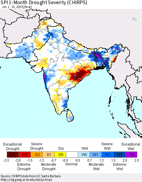 Southern Asia SPI 1-Month Drought Severity (CHIRPS) Thematic Map For 7/1/2019 - 7/31/2019