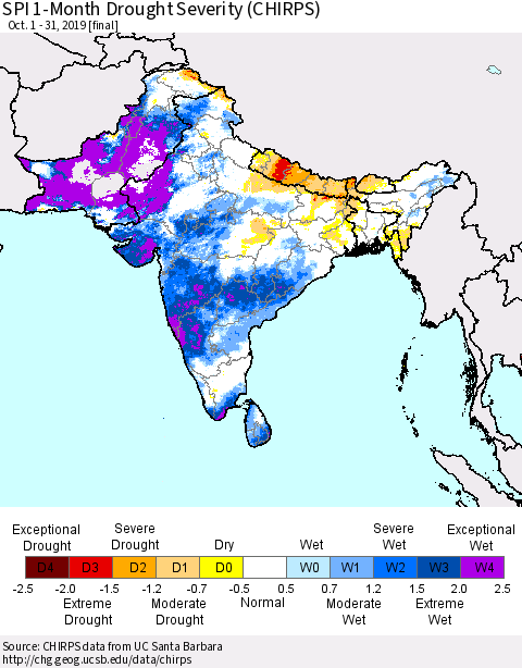 Southern Asia SPI 1-Month Drought Severity (CHIRPS) Thematic Map For 10/1/2019 - 10/31/2019