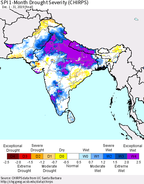 Southern Asia SPI 1-Month Drought Severity (CHIRPS) Thematic Map For 12/1/2019 - 12/31/2019